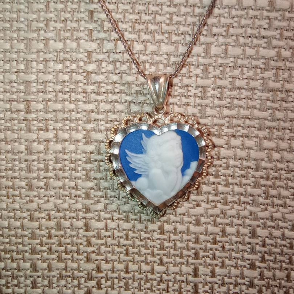 Vintage Sterling Silver 925 Blue Cameo Cherub Pendant And Necklace